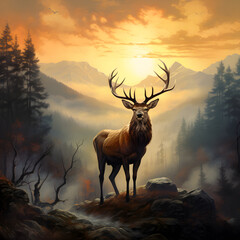 Deer in mist forest in sunrise, style of digital illustration