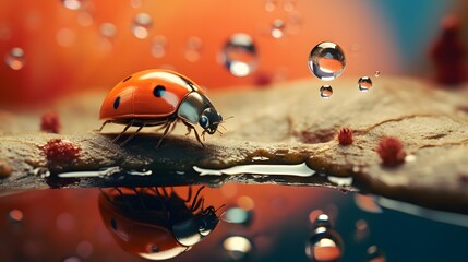 Plakat Ladybug on a stone with drops of water. 