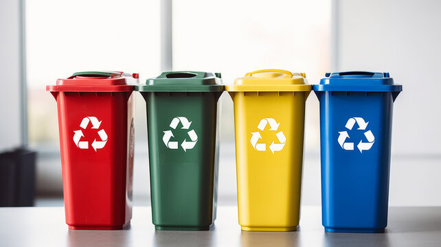 photograph of Yellow, Green, Blue and Red recycle bins with recycle symbol isolated on white background generative ai