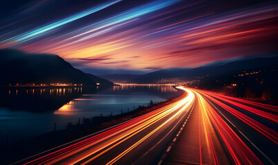 Cars on night highway with colorful light trails