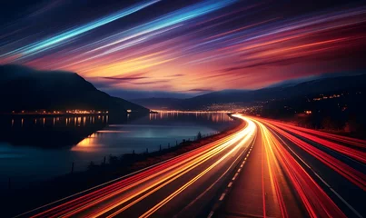 Poster Im Rahmen Cars on night highway with colorful light trails © Oksana