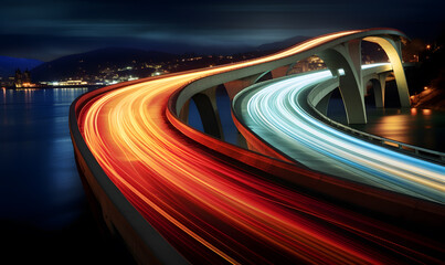 Cars on night highway with colorful light trails
