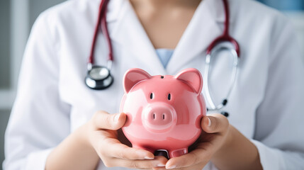 Woman doctor holding a pink piggy bank. Created with Generative AI technology.