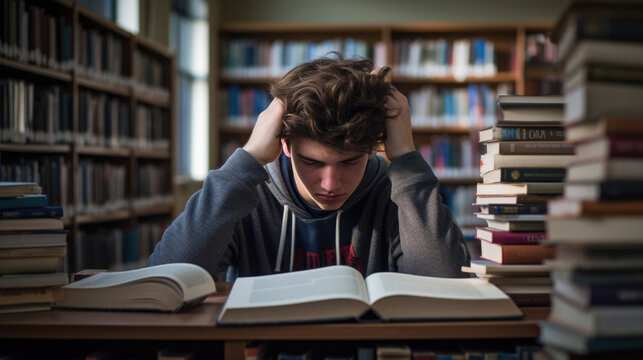 Tired male student holding his head while sitting in library against the backdrop of the book shelf. Created with Generative AI technology. - Powered by Adobe