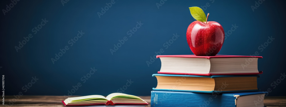 Poster back to school concept. apple and book on school blackboard background.created with generative ai te