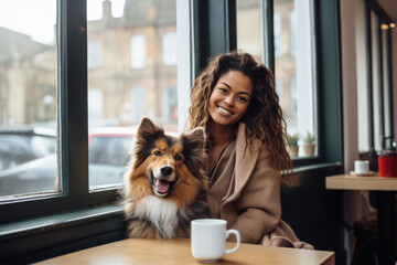 Young caucasian woman sitting with border collie dog in pets friendly cafe
