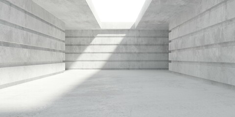 Abstract empty, modern concrete room with structured walls, sunlight thru roof opening and rough floor - industrial interior background template