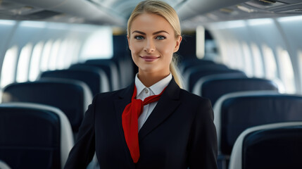 Portrait of a stewardess against the background of an airplane cabin.