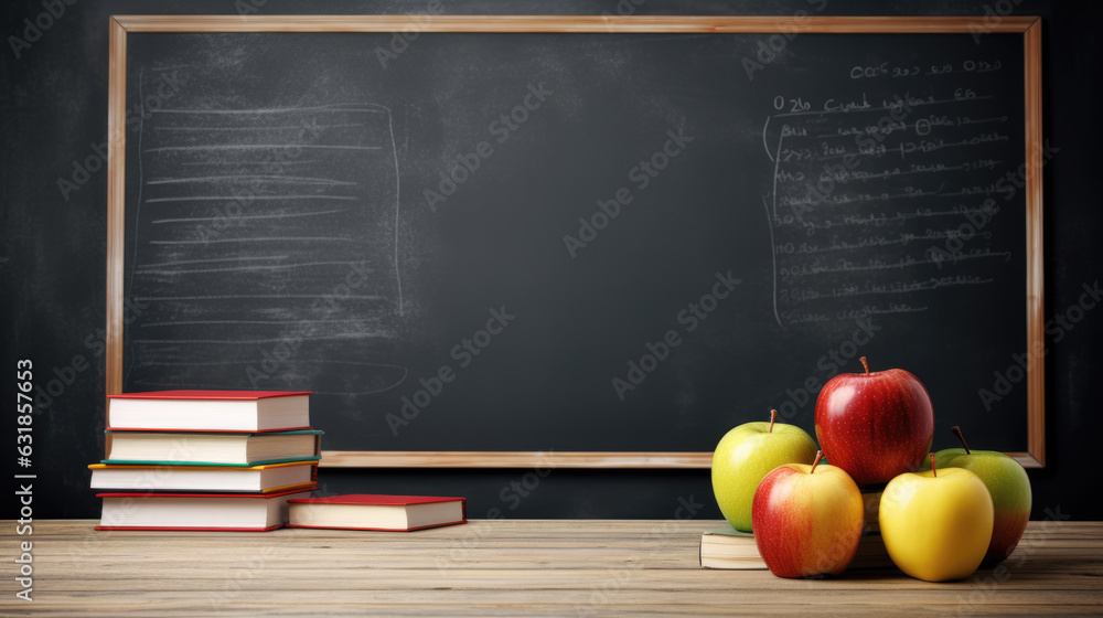 Aufkleber back to school concept. apple and book on empty school blackboard background.created with generative