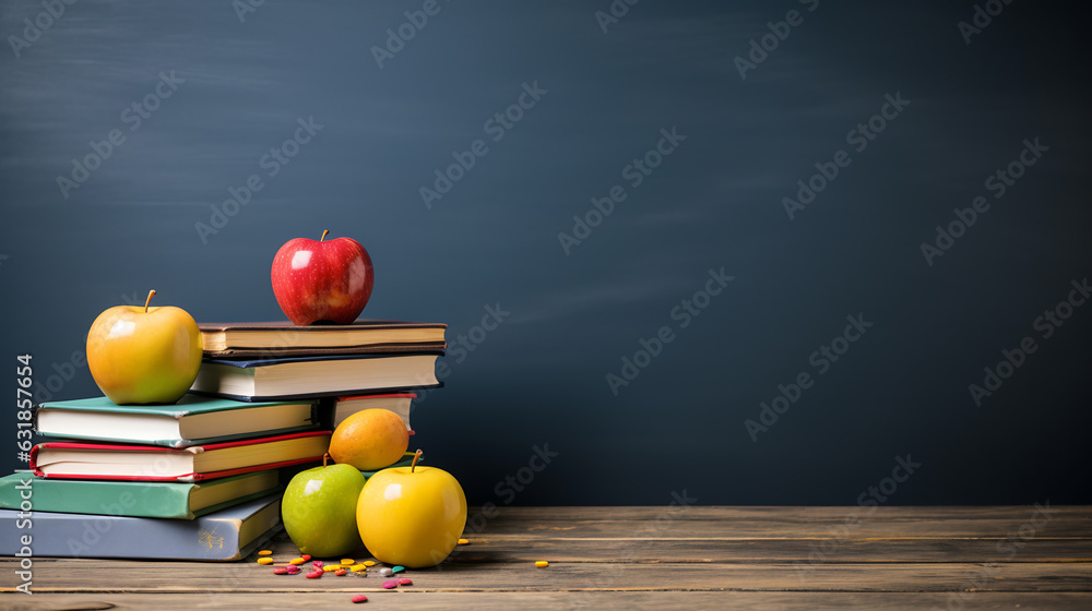 Aufkleber back to school background with books and apples over blackboard.created with generative ai technolog