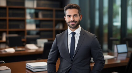 A confident male lawyer in his office against a rack of books. Created with Generative AI technology.
