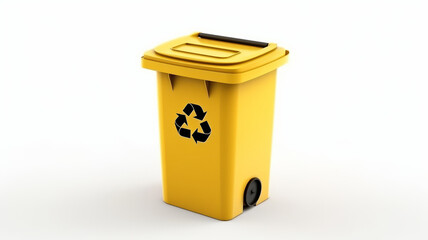 photograph of A Yellow recycle bin with recycle symbol isolated on white background telephoto lens realistic studio lighting
