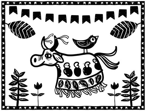 Bumba meu boi, with cashew motifs. Woodcut style and cordel literature