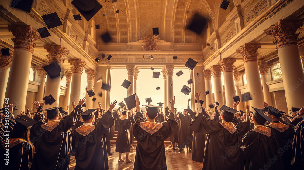Wall mural photograph of Graduate are celebrating graduation Throwing hands up a certificate and Cap in the air. wide angle lens realistic natural lighting - Wall murals