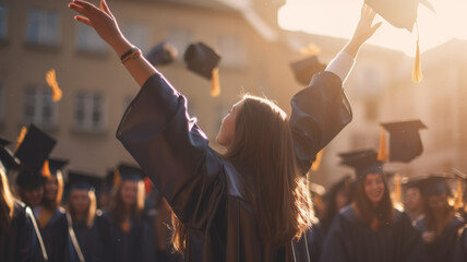 photograph of A young woman student hands up celebrating university graduate. telephoto lens realistic natural lighting - obrazy, fototapety, plakaty
