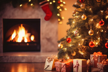 Winter holiday atmosphere in a warm room with a Christmas tree full of lights and toys near a cute fireplace with gifts. Christmas interior. New Year's design. Blurred background. Selective focus.