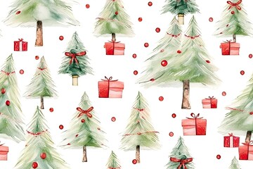 Seamless background with christmas tree and presents on white, wrapping paper