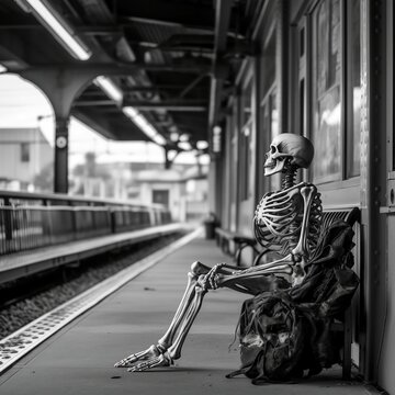 Generative AI image of a skeleton waiting for a train