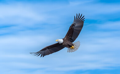 Obraz premium American bald eagle soaring against blue sky.