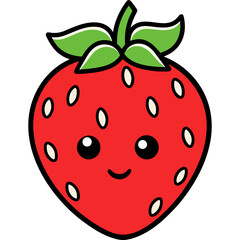 Funny strawberry cartoon character with friendly smiley face outlined flat vector