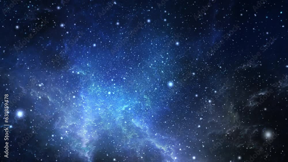 Poster 3d rendered animation of blue starry space with a nebula in the background