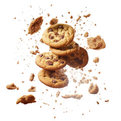 Bakery products flying in the air with a cookie falling on transparent.