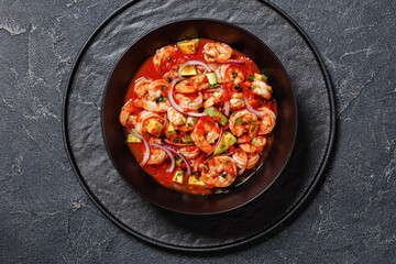 mexican shrimp cocktail salad in a bowl, top view