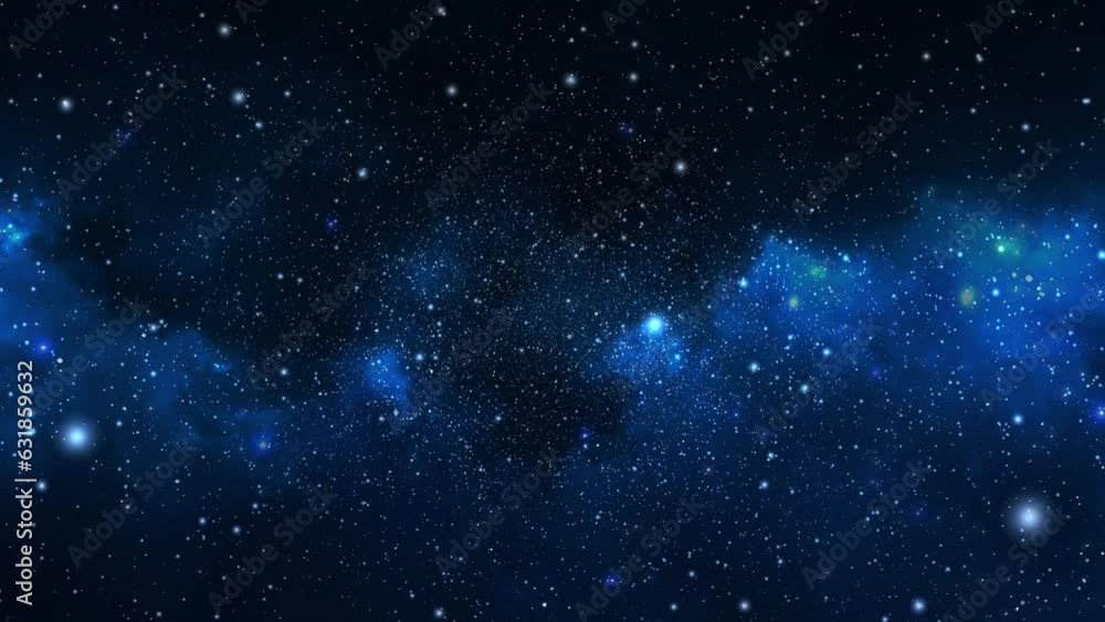 Poster 3d rendered animation of blue starry space with a nebula in the background