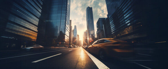 Street view with skyscrapers in the sunset. Cars on the wide sunlit lanes of the street. Image made...
