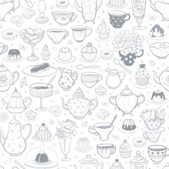 Seamless pattern with tea party in English style. Tea cups, teapots, bakery, flowers. Can be used for wallpaper, pattern fills, textile, web page background, surface textures.