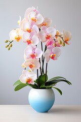 White orchid in a vase with grey background