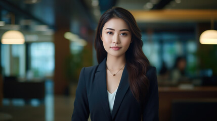 Fototapeta premium Close up portrait of a smiling young asian businesswoman in suit standing against office background.