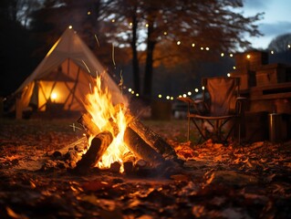 Autumn evening at the campsite with a tent and a fire. Cozy and warm family evening in nature.