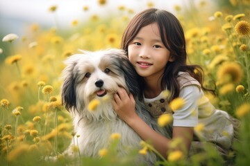 cute asian girl holding her dog in meadow with flowers , AI Generated