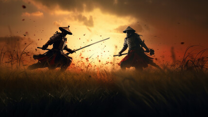photo of the battle of two samurai in a meadow under the sunset