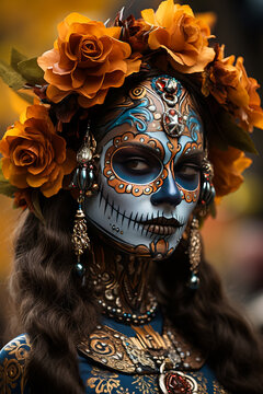 Portrait of woman with traditional la muerte makeup . Mexican festival Dia de los Muertos. Halloween