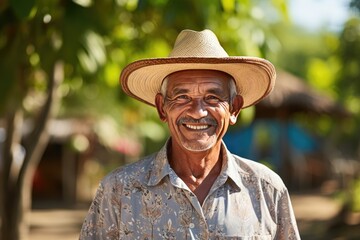 Portrait of an happy old Mexican man wearing a straw hat.