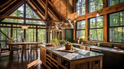 Fototapeta premium Warm Wooden Kitchen Design with Integrated Island/Table - AI Generated 