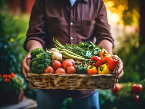 Erntegl&uuml;ck: Mann zeigt seinen prall gef&uuml;llten Gem&uuml;sekorb