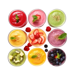 Fotobehang Assortment of fresh fruit smoothies, transparent backround, top view. © AkuAku
