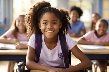 estudiante afroamericana en silla de ruedas en el aula de la escuela sonriendo