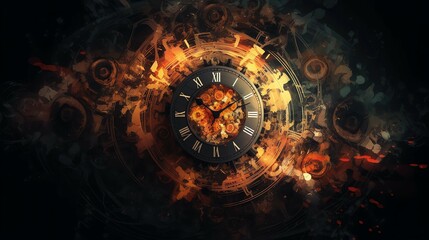 Clock on fire, time's burning end in fiery clock image. Generative AI