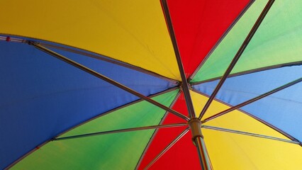  a multicolored umbrella is open on a sunny day