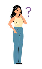 Young woman pondered the question. The concept of solving problem, finding an answer to a question. Flat cartoon illustration isolated on white background