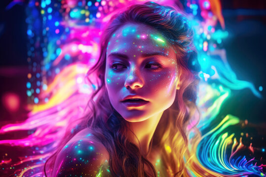 Artistic image of a beautiful young woman in neon colors