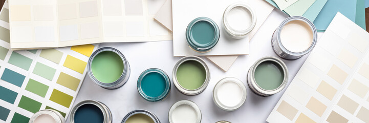 Tiny sample paint cans during house renovation, process of choosing paint for the walls, different green and beige colors, color charts on background, banner size - obrazy, fototapety, plakaty