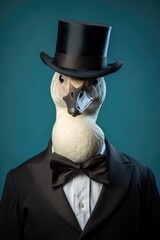 Portrait of goose in black tuxedo suit with top hat. AI generative art