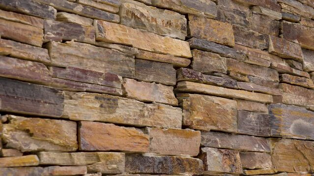 Ledgestone decorative cladding blocks background. Wall of stacked thin natural stones