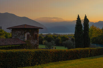 A landscape of the countryside near Iseo Lake at sunrise, Italy