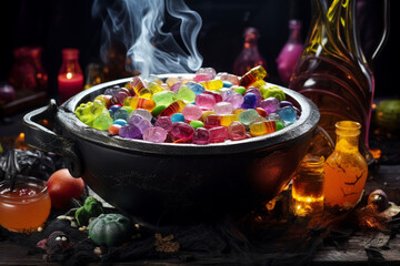 Witch's cauldron filled with bubbling candy potions, Сandy for Halloween, Halloween